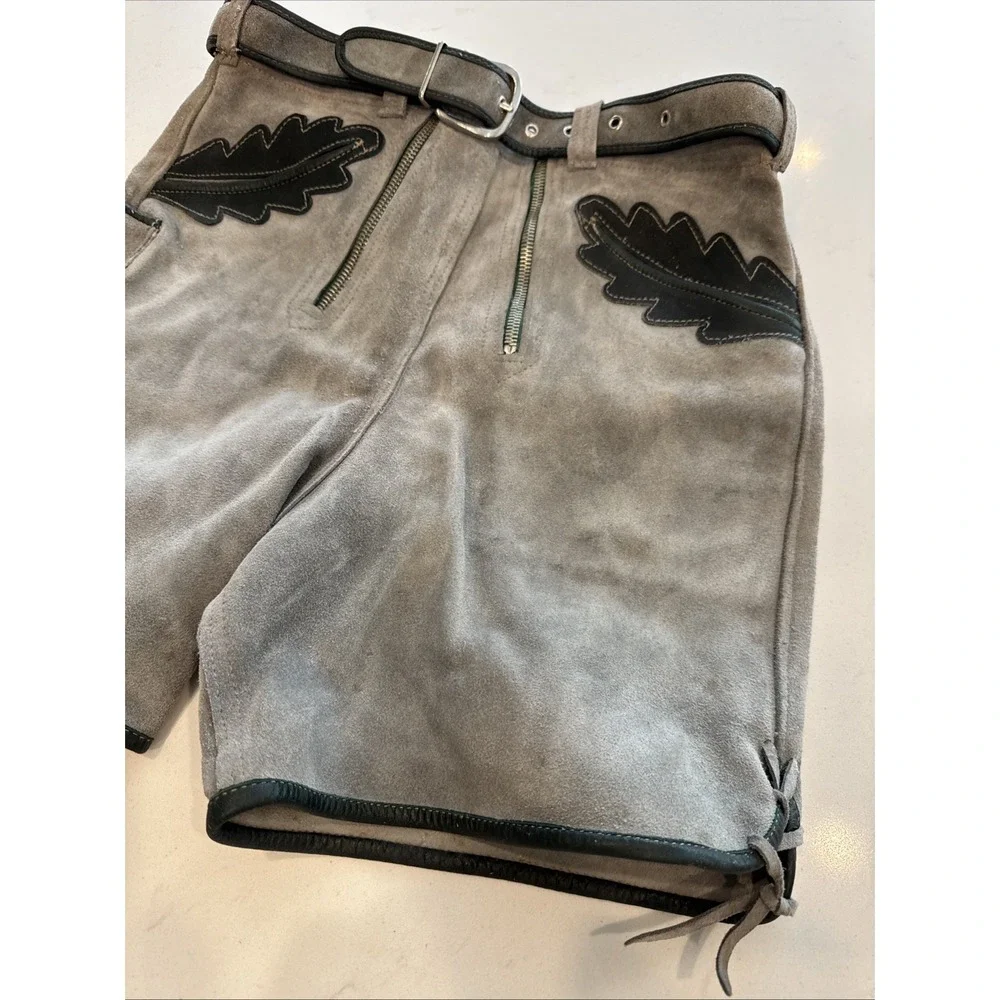 Vintage Grey Suede Lederhosen Shorts Black Leaf Applique Lace Up Alpine 25 Waist